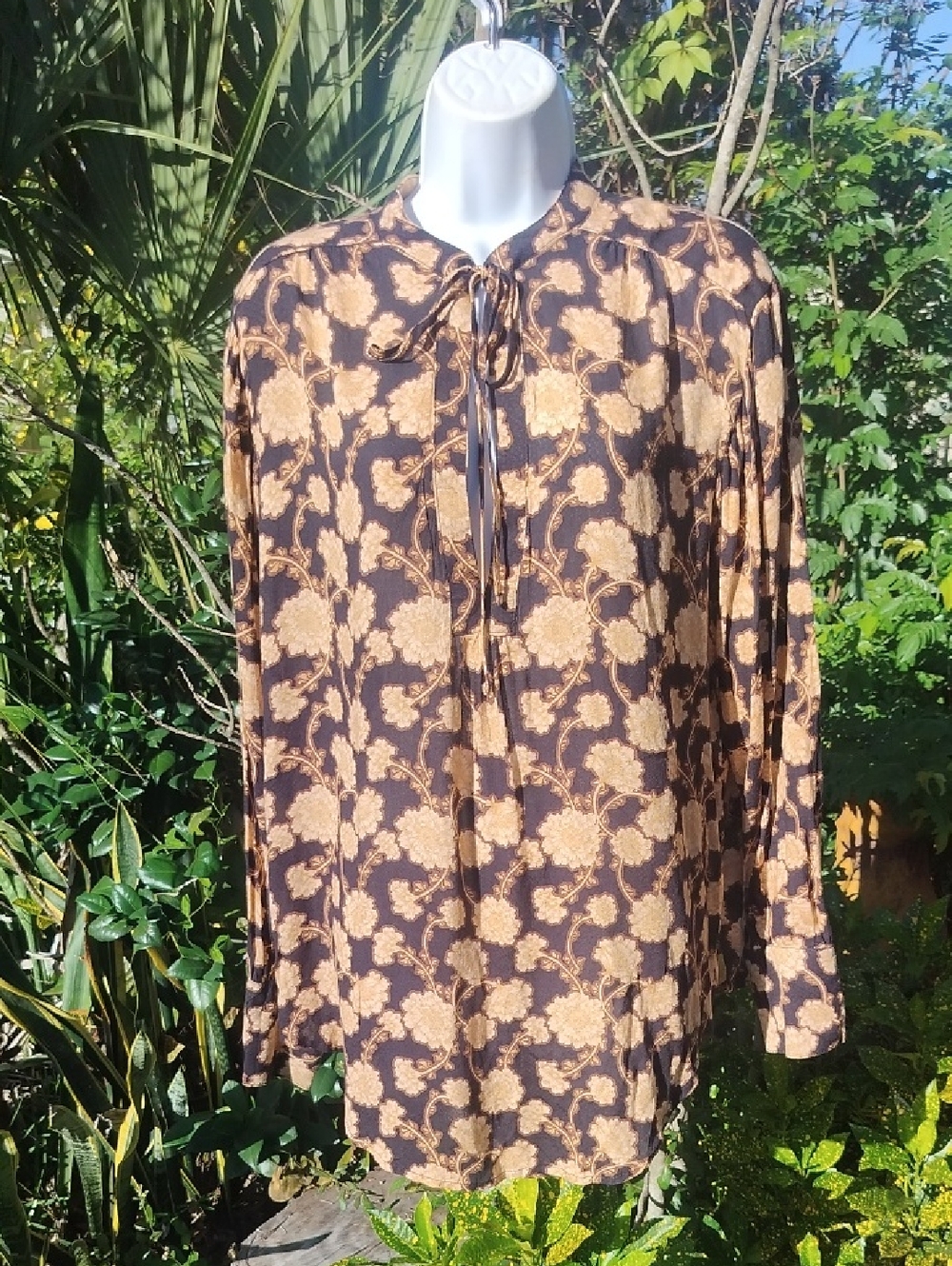 Free People Brown and Tan Floral Tie-Neck Blouse